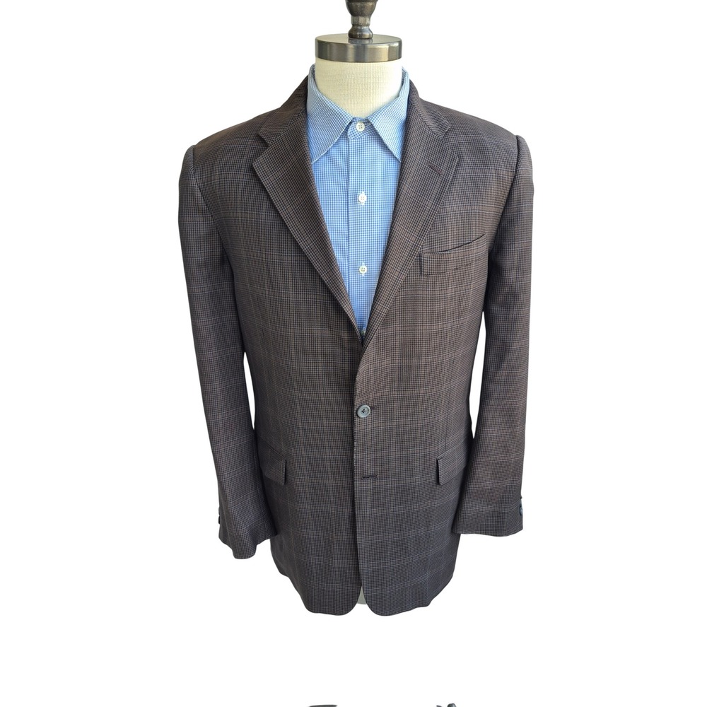 Hickey Freeman Mens Brown Blue Plaid Wool Sport Coat Blazer Made in USA Sz 40 L